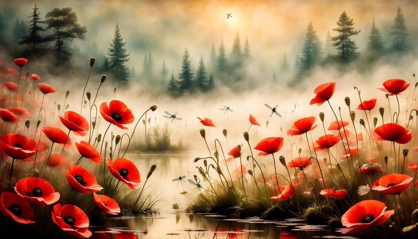 Dreamlike Poppies on Foggy Pond in Encaustic Style