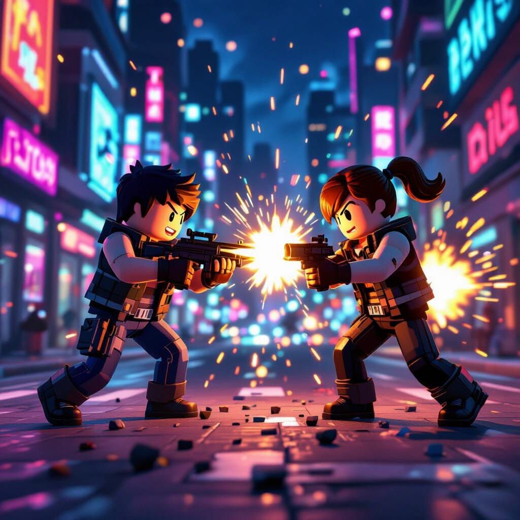 Roblox Characters in Neon City Gunfight, Cinematic Style