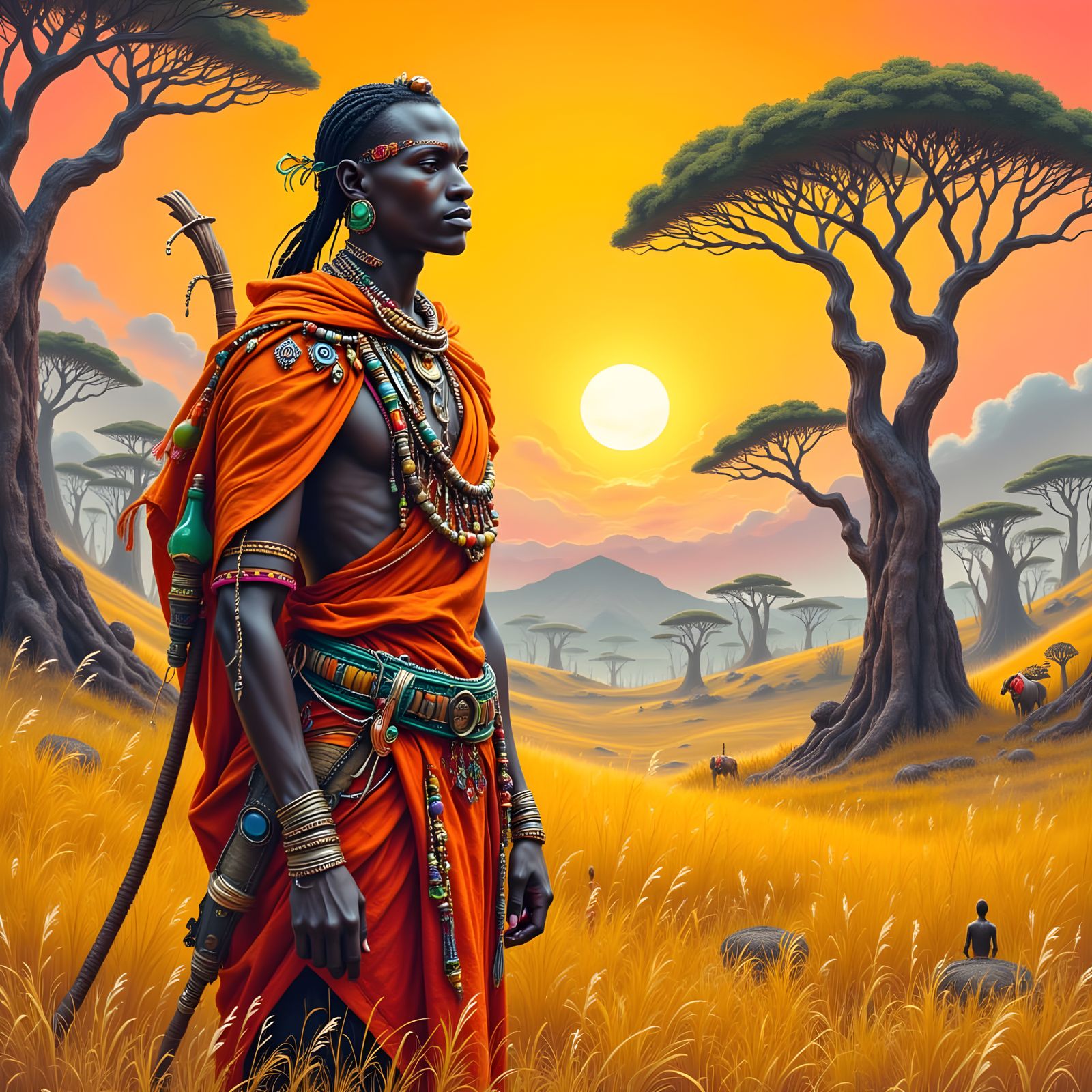 Maasai Warrior in Savannah, Sci-Fi Realism Style