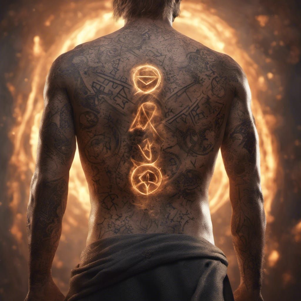 Wizard with Glowing Runes Tattoo: Photorealistic Unreal Engi...