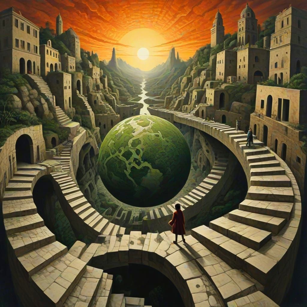Surreal Earth Globe Interior with Cobbled Path