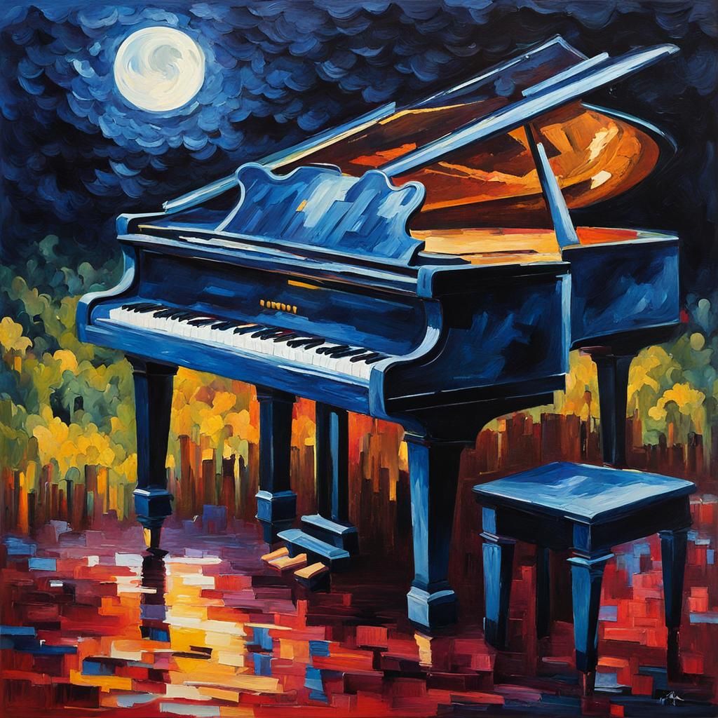 Moonlit Piano: An Impasto Neoimpressionist Gouache Painting