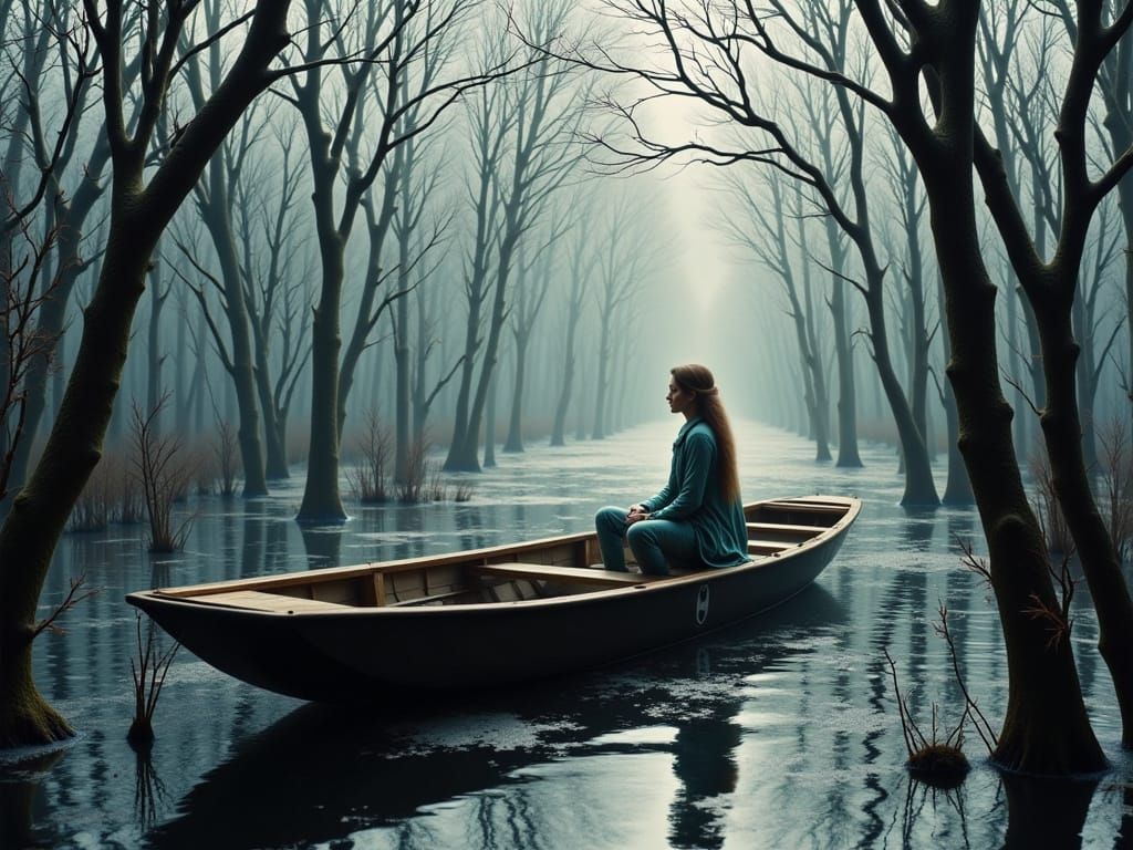 Woman on Rowboat in Misty Swamp
