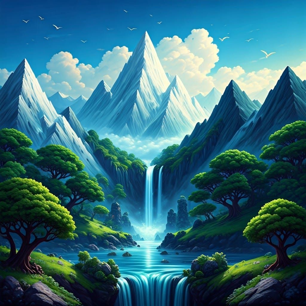 Opal Mountains & Sapphire Waterfall Fantasy Landscape