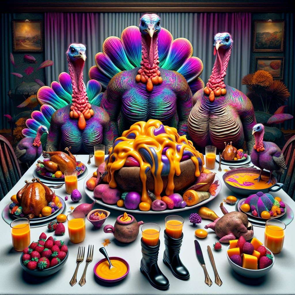 Hyper-Realistic Thanksgiving Dinner with Turkeys