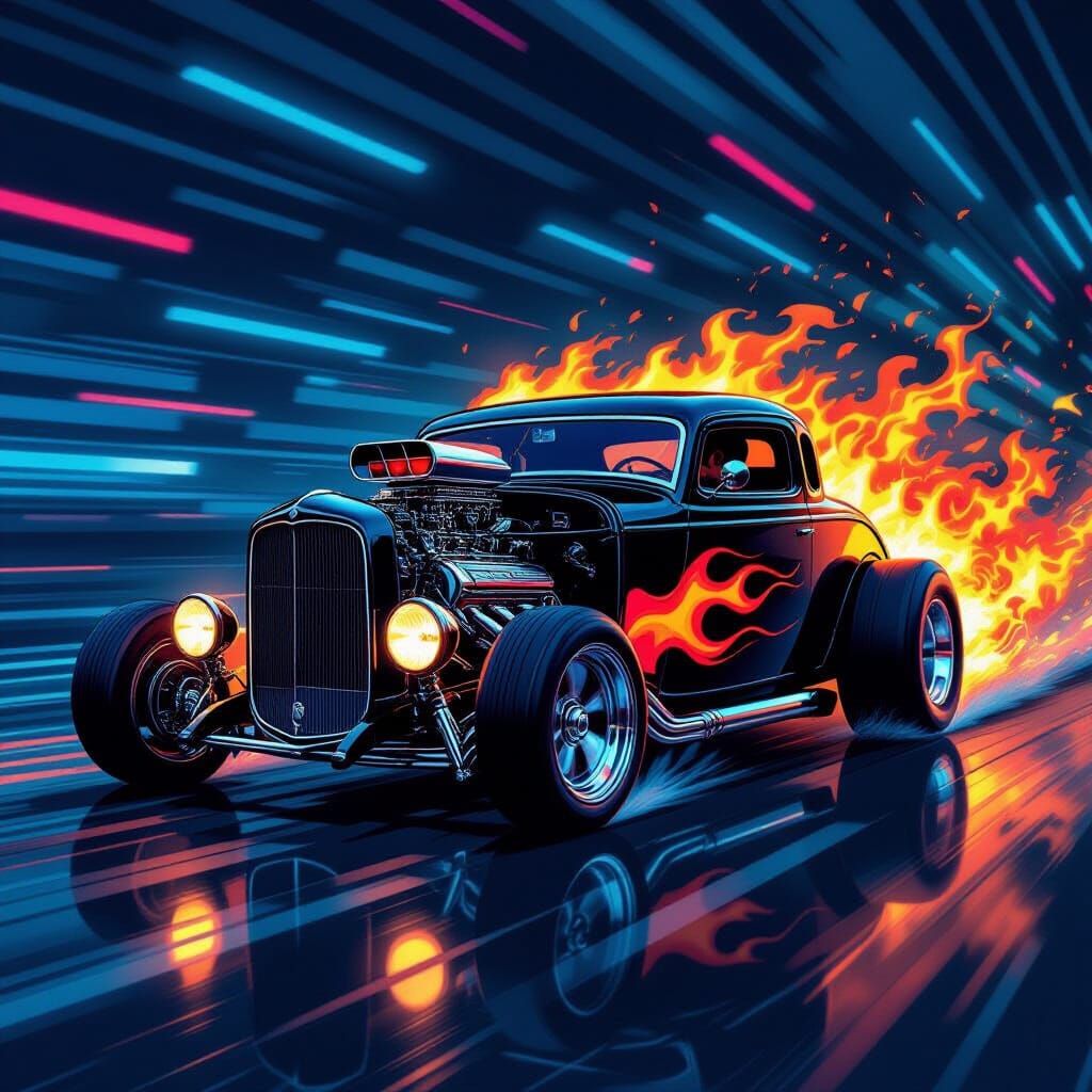 Flaming Hot Rod in Comic Book Style