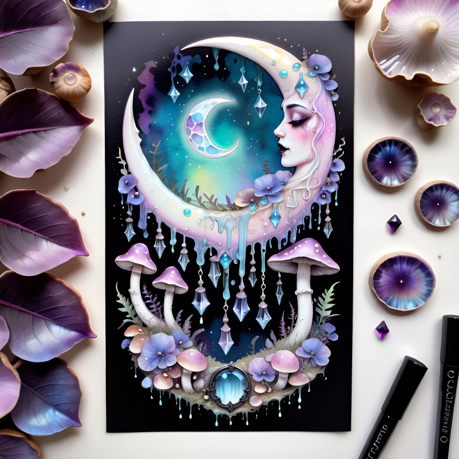 Pastel Goth Crescent Moon with Crystals in Watercolor