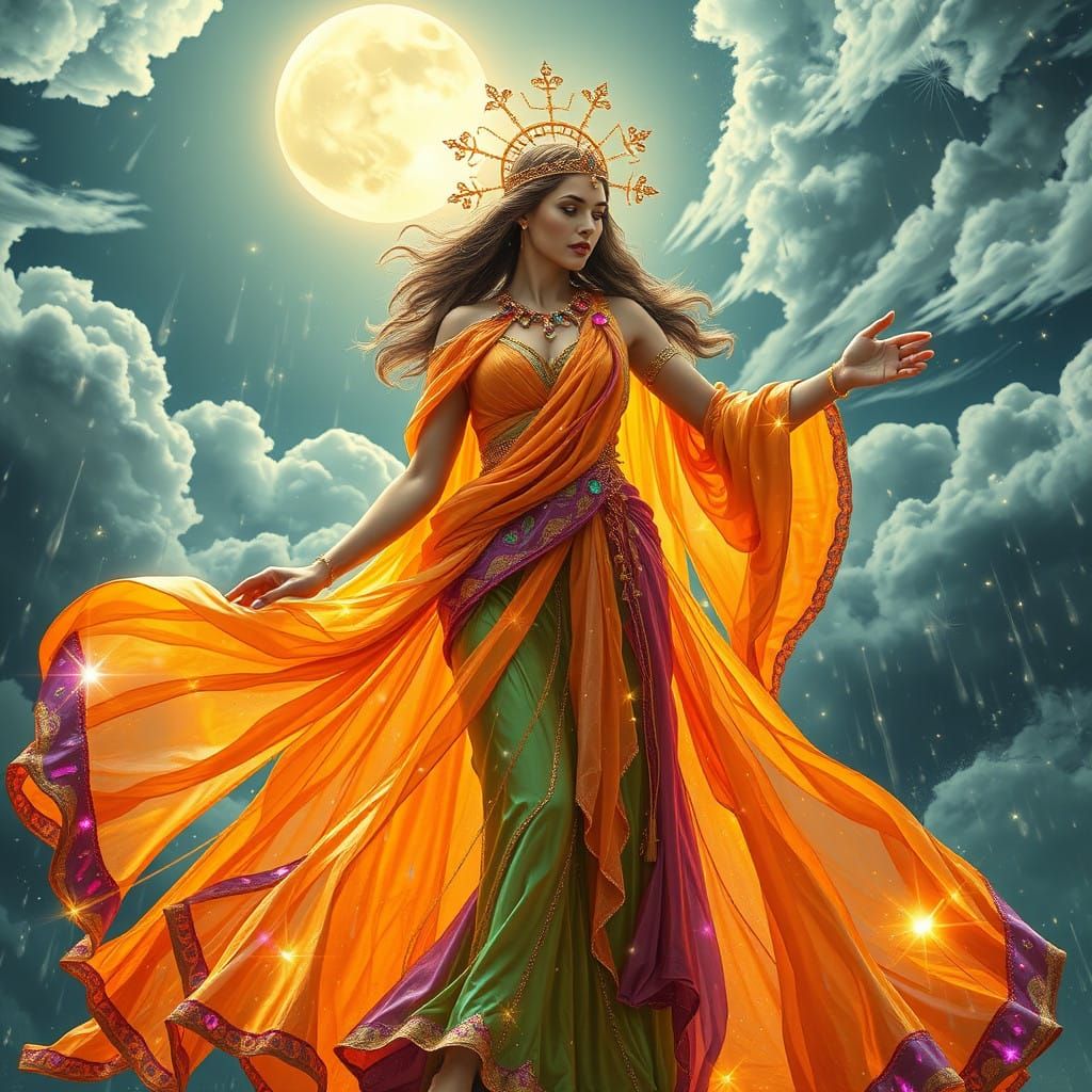 Greek Goddess of April Fools Dances Under Iridescent Moonlig...