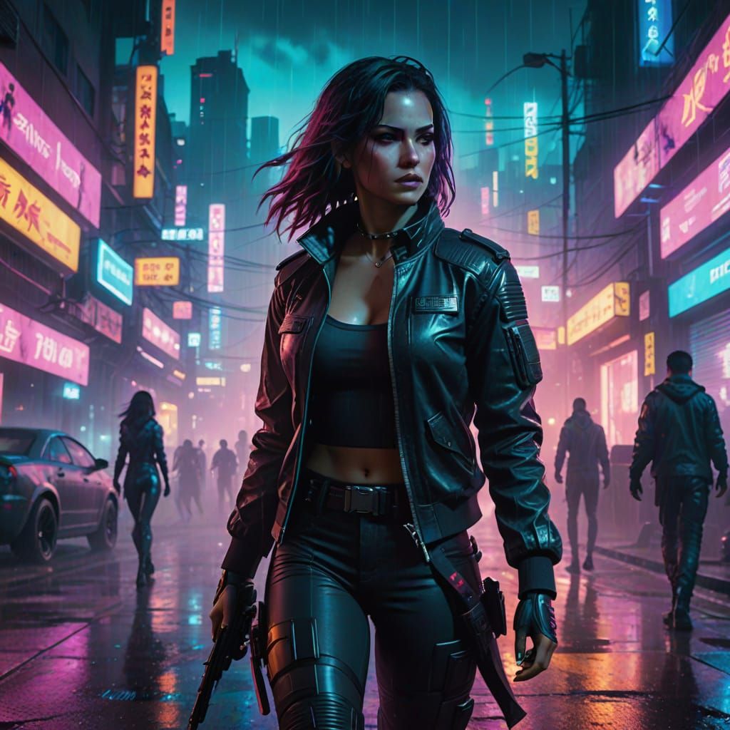 Cyberpunk Woman Fighting in Misty City Street