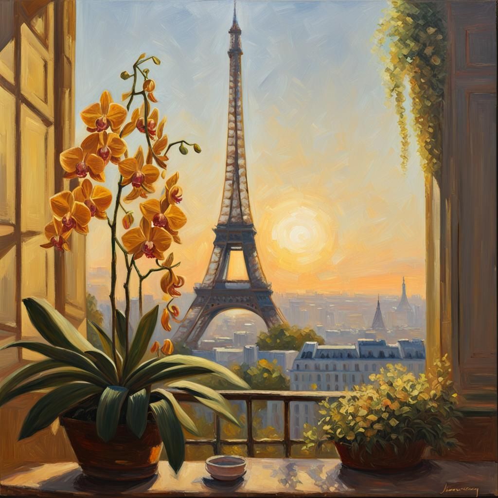 Eiffel Tower and Orchids in Golden Hour, Oil Painting
