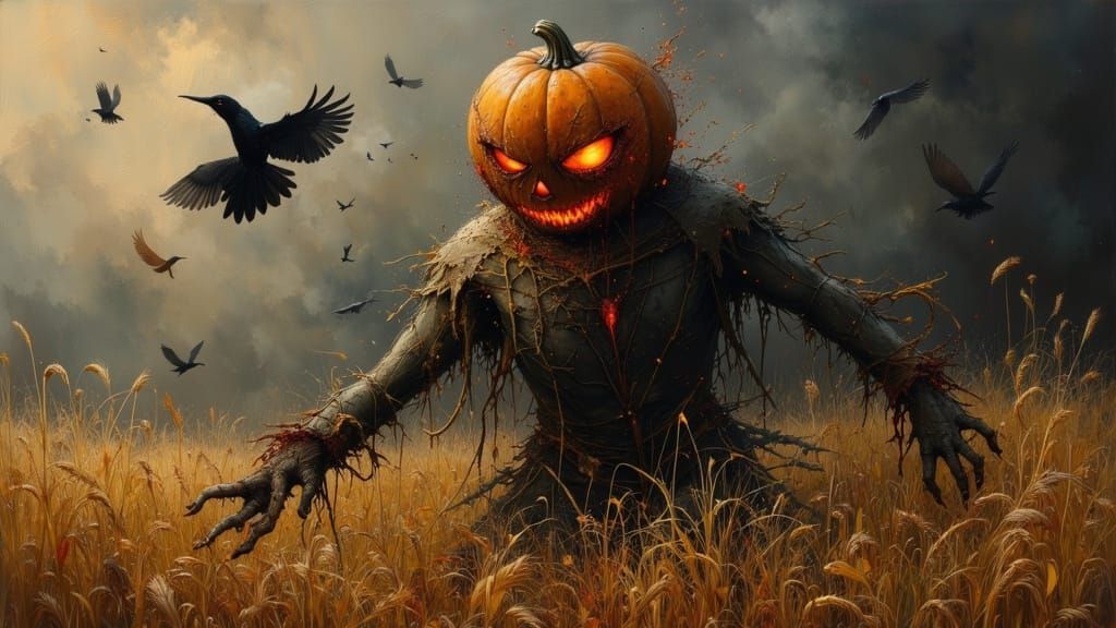 Haunted Scarecrow with Pumpkin Head and Flaming Eyes