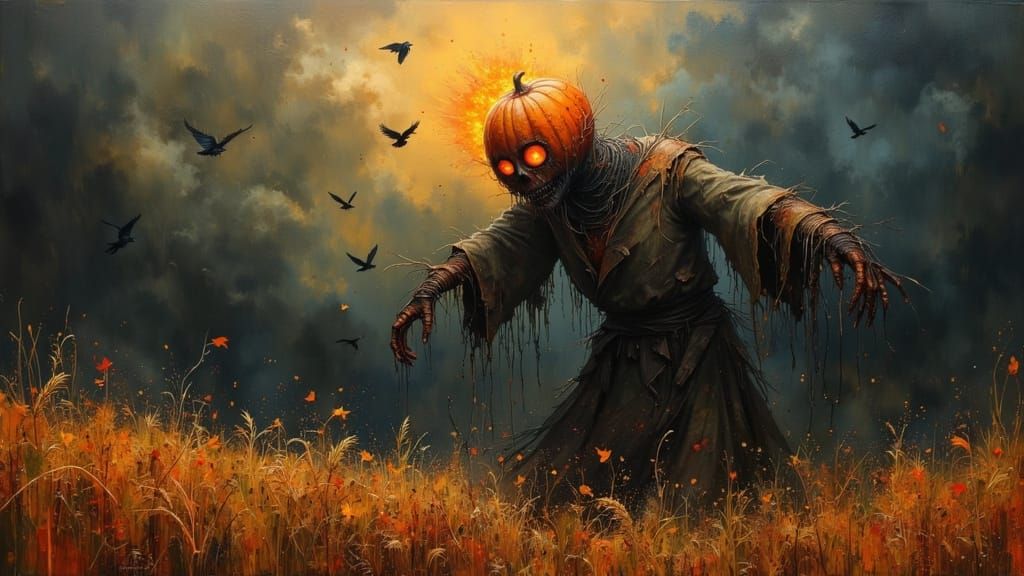 Haunted Scarecrow with Pumpkin Head and Flaming Eyes