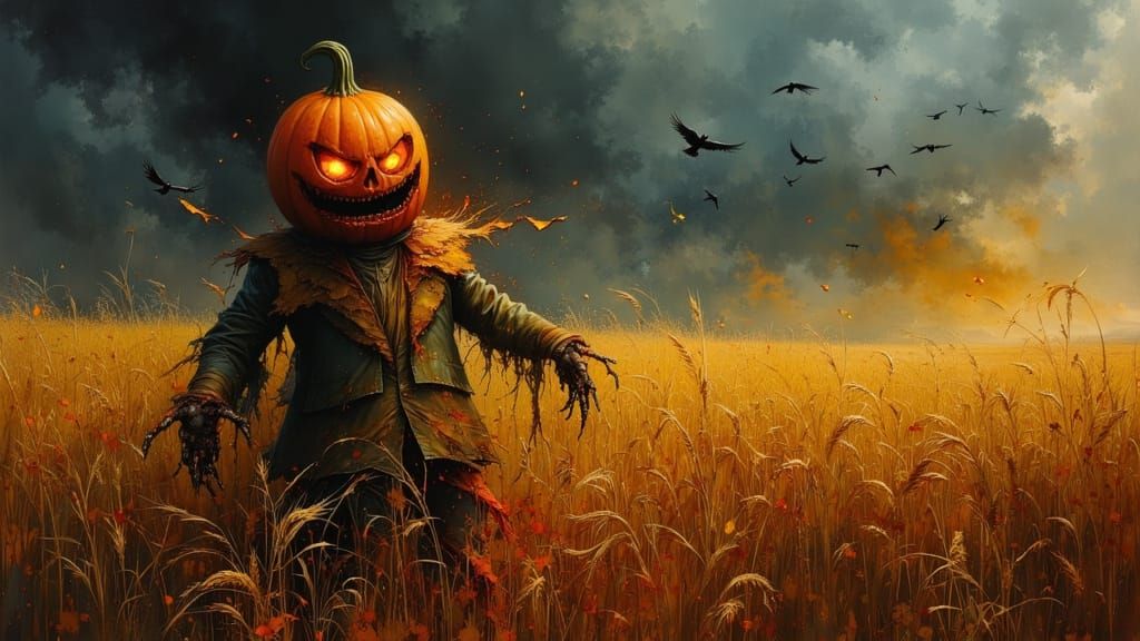 Haunted Scarecrow with Flaming Pumpkin Head in Wheatfield