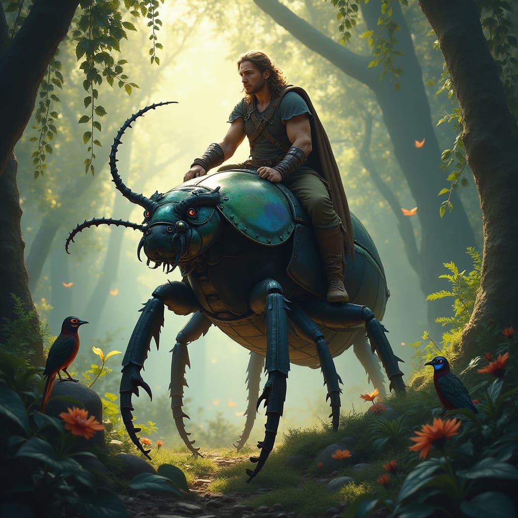 Hobbit Ranger on Armored Beetle, Fantasy Matte Painting