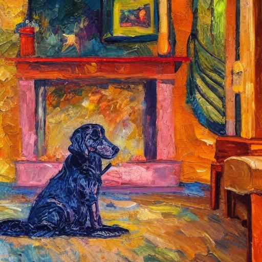 Dog Reading by Fireplace in Neo-Impressionism Style