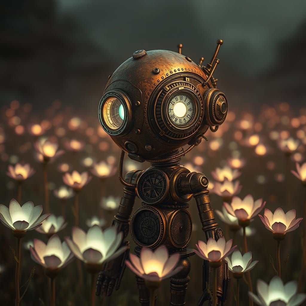 Ancient Clockwork Automaton in Bioluminescent Flora Field