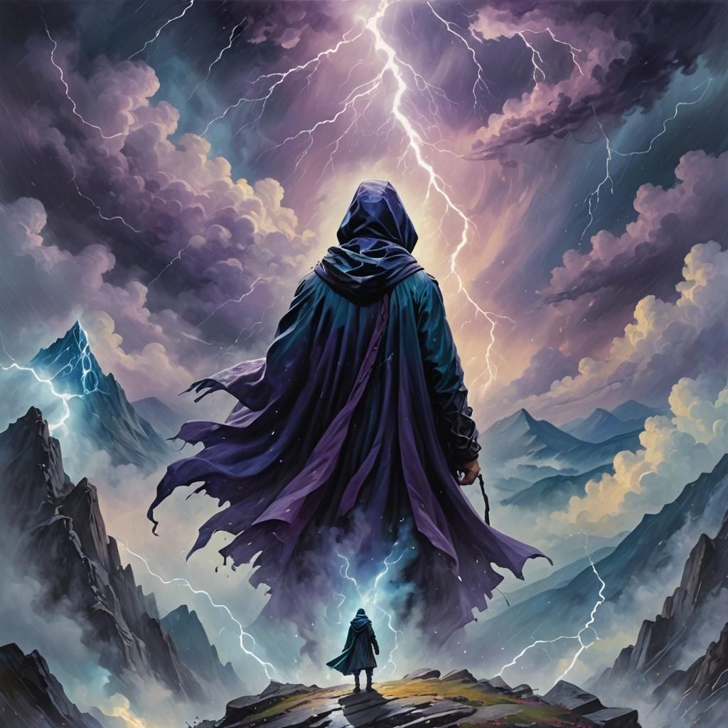 Mystical Figure on Misty Peak in Oil Painting
