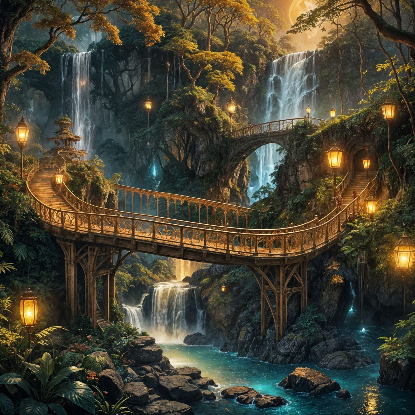 Majestic Golden Bridge in Bioluminescent Jungle