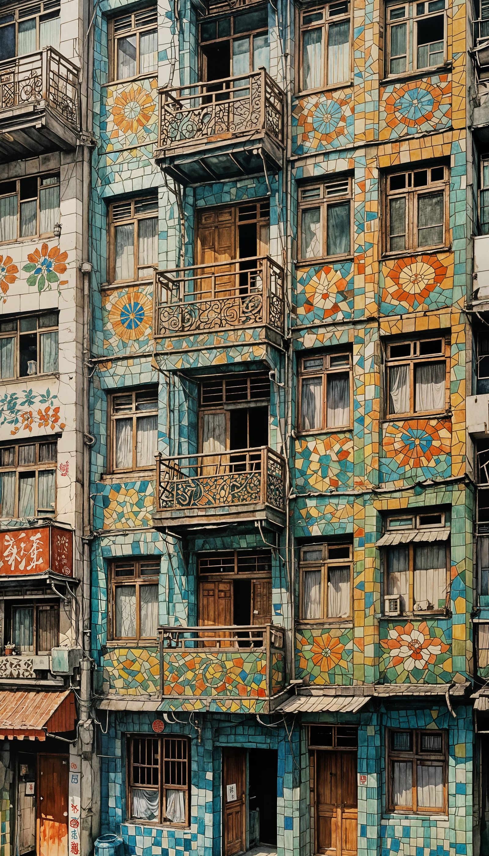 Hong Kong Tenement Building with Mosaic Tiles, Watercolor