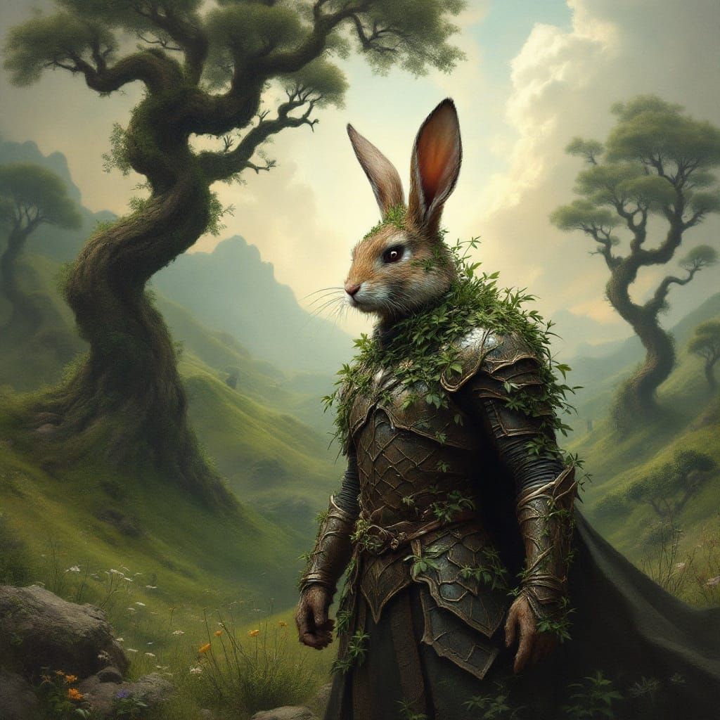 Rabbit Warrior in Surreal Dreamlike Landscape