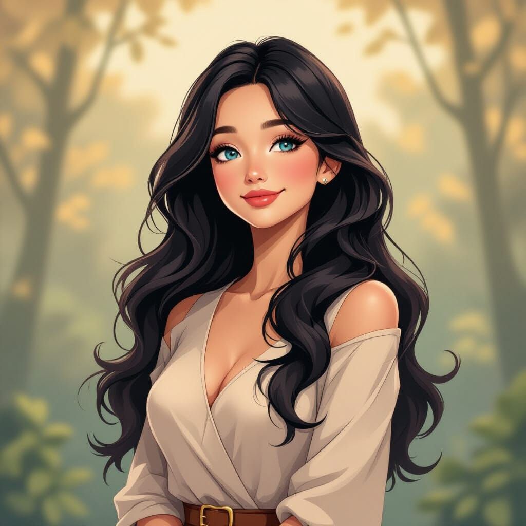 Woman with Long Black Hair and Teal Eyes