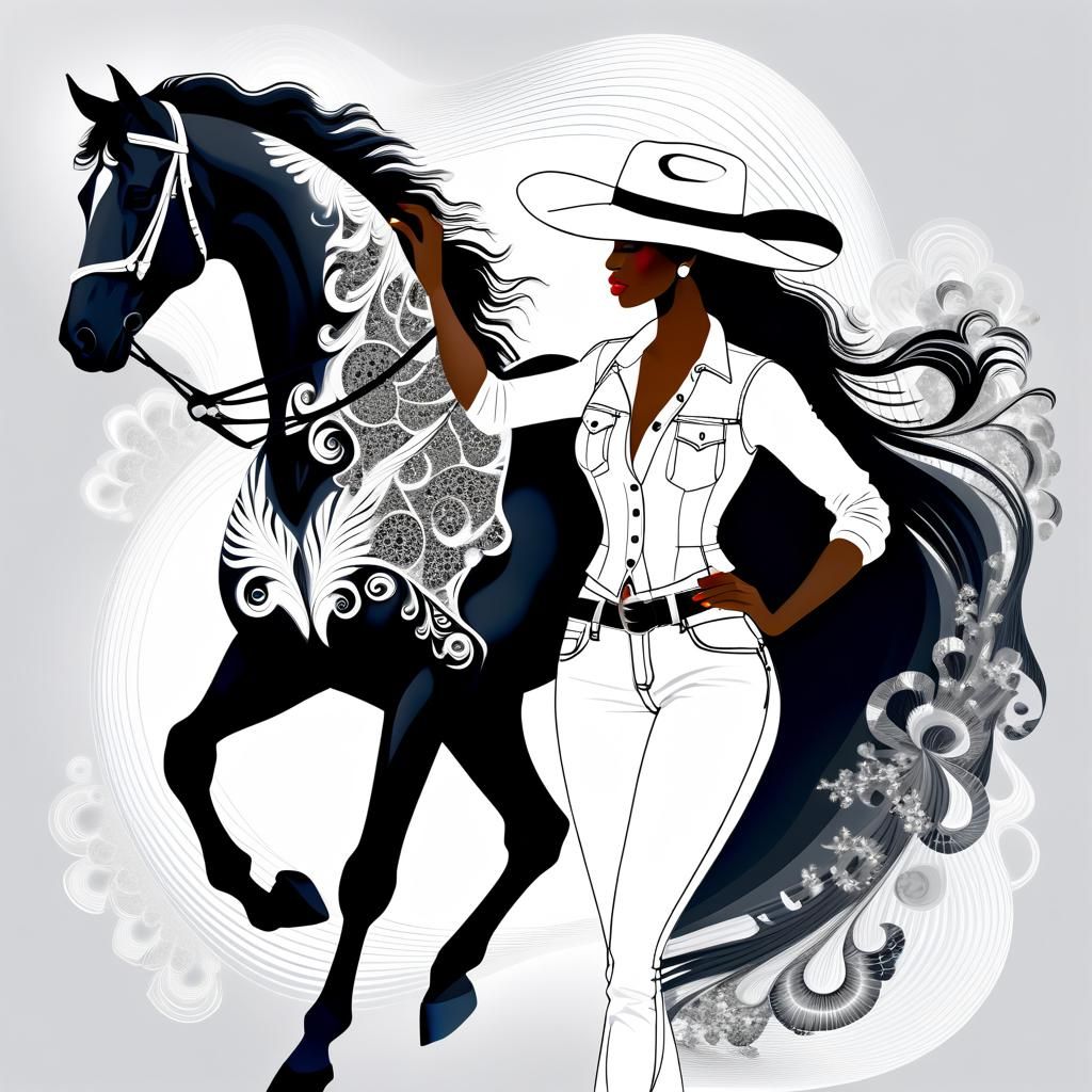 Cowgirl Woman Leads Black Stallion in Vibrant Fractal Landsc...