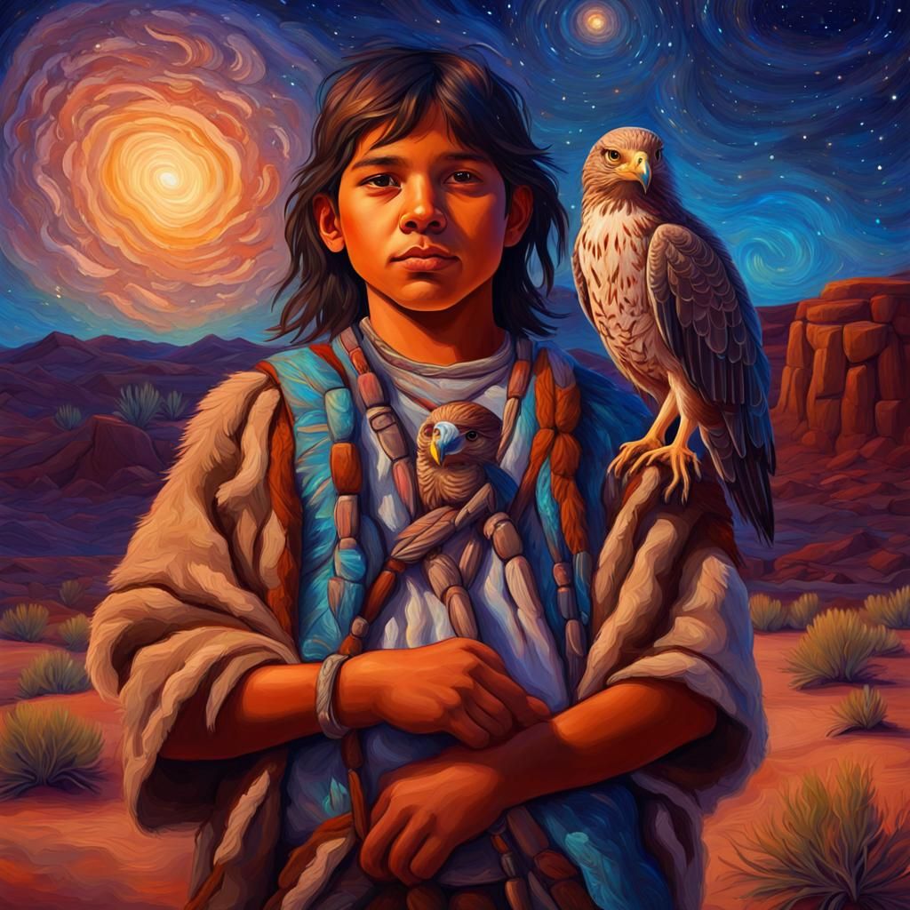 Native American Boy with Hawk, Impasto Oil Painting