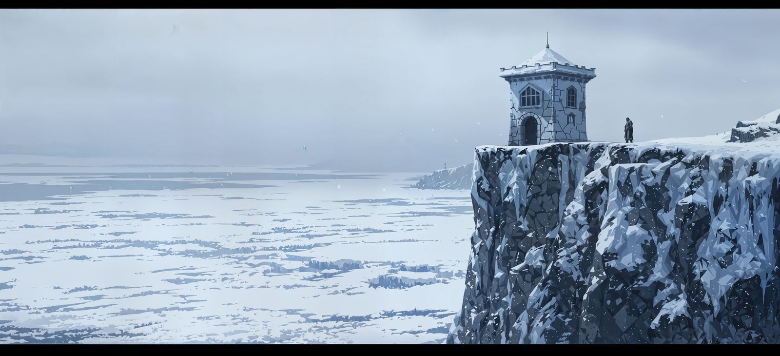 Ethereal Watchtower Guardian in Frozen Winter Landscape