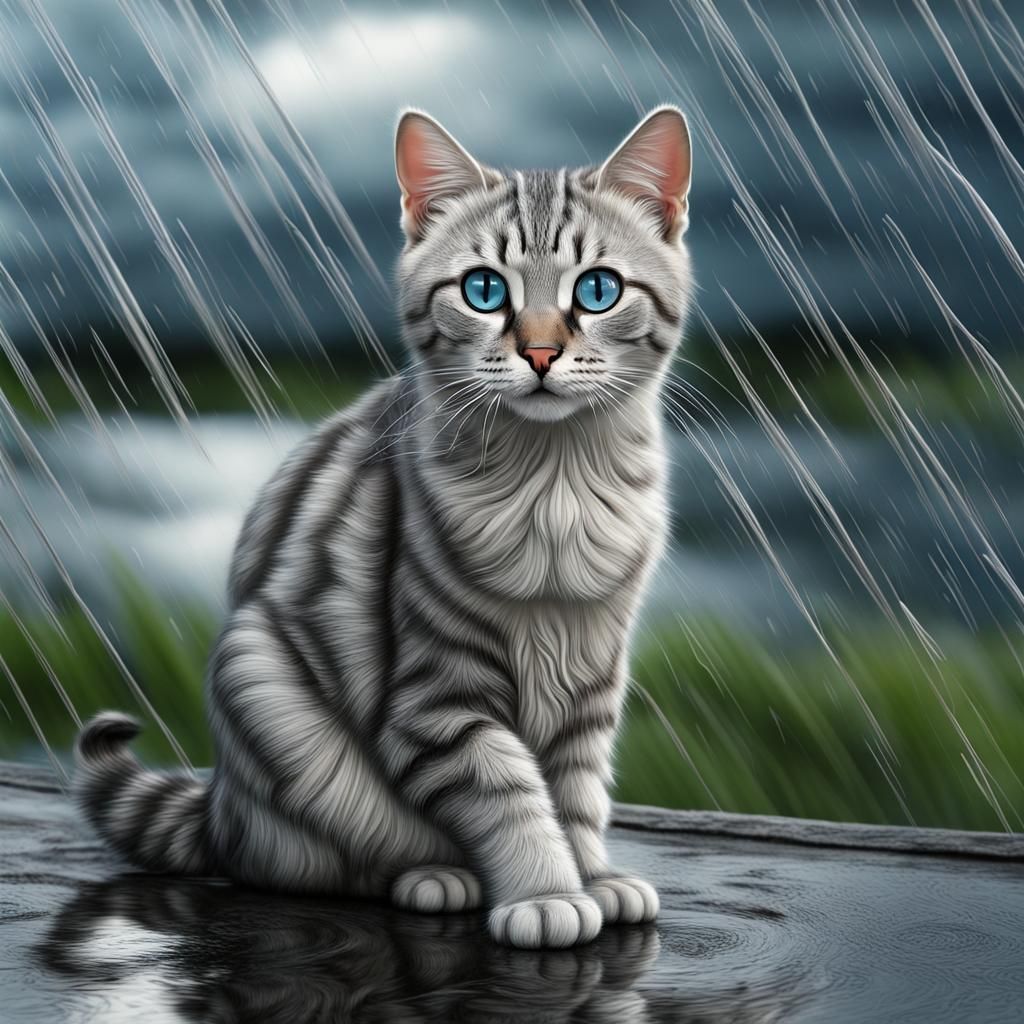 Adorable Silver Tabby Cat in Rainy Weather