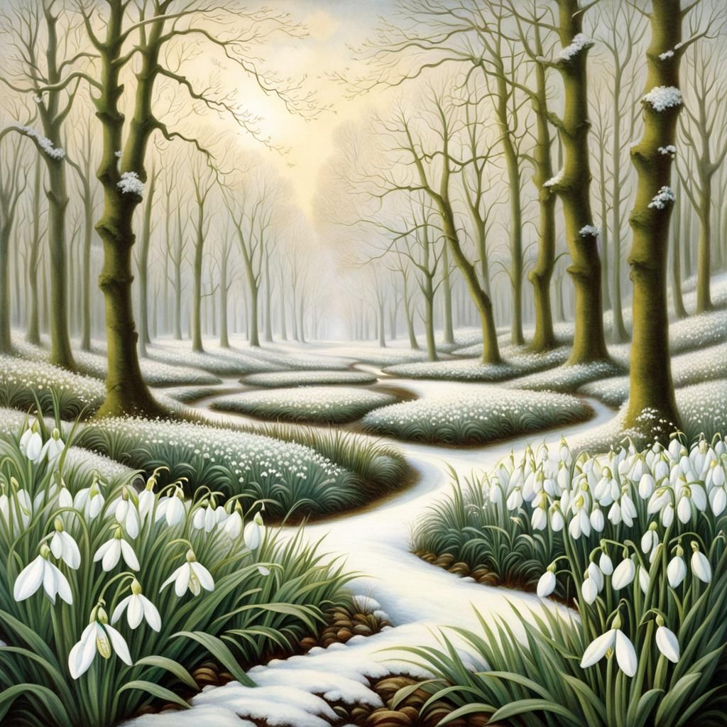 First Snowdrops Breaking Through Snow, Romantic Style