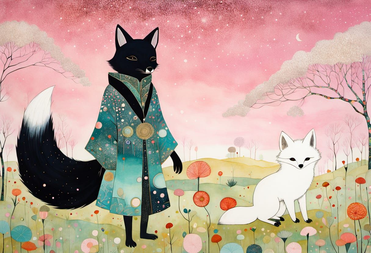 Fox Spirits in a Whimsical Pastel Meadow