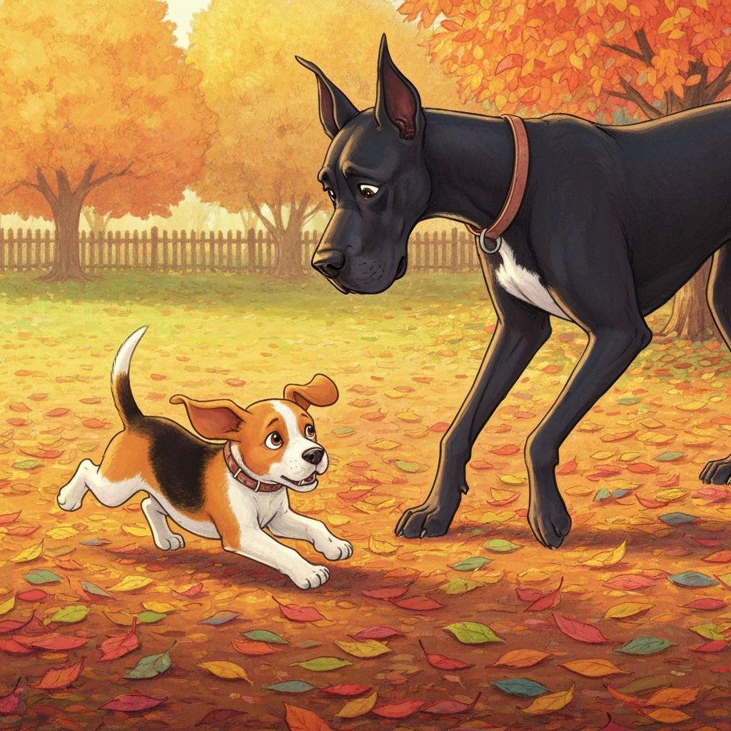 Beagle Puppy Chases Great Dane in Autumn Park