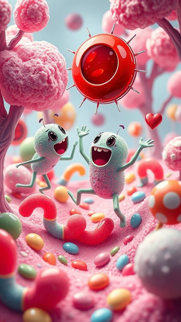 Microbe Battles Erythrocyte in Candy Art Style