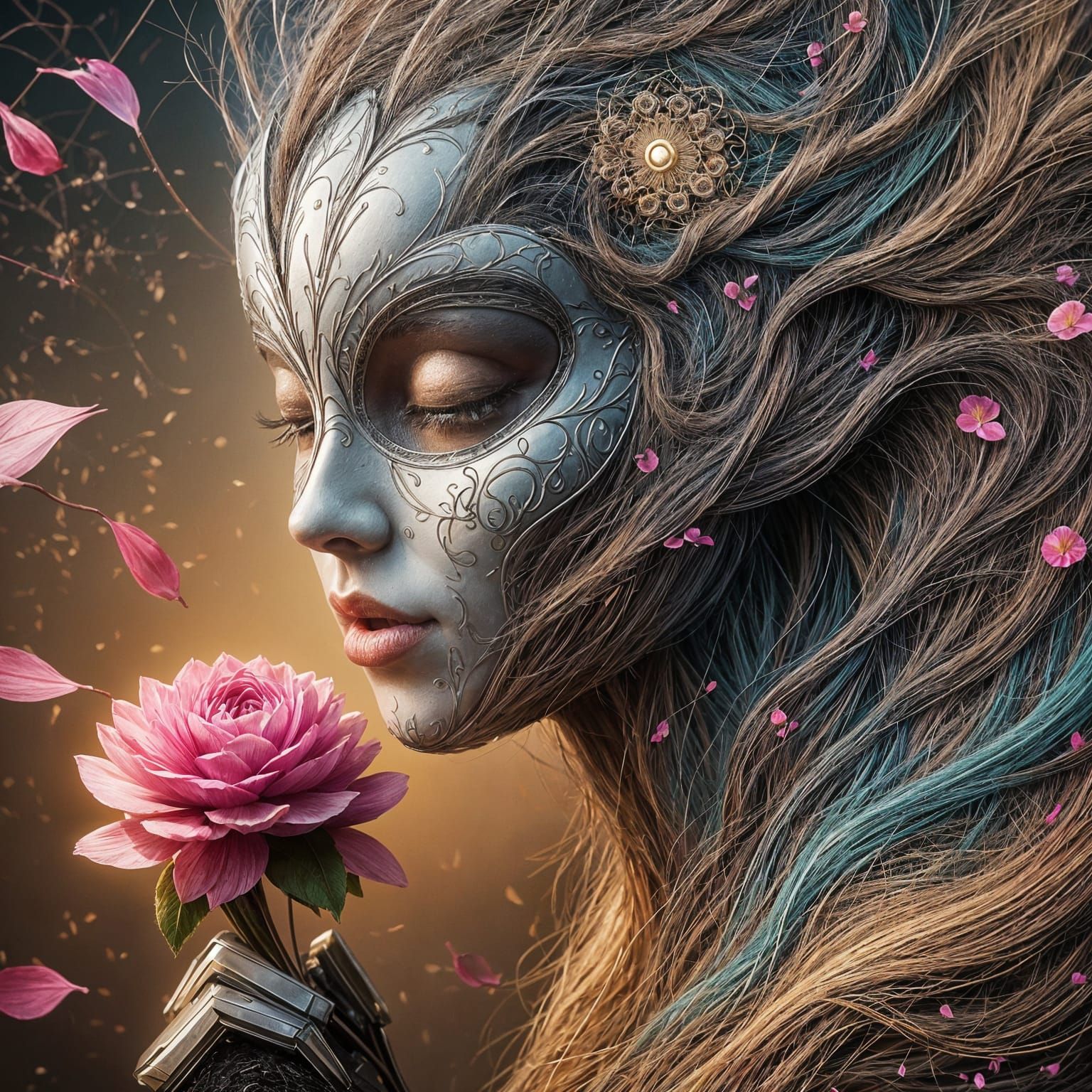 Cyborgs Amidst Blooming Petals in a Tapestry of Elegance