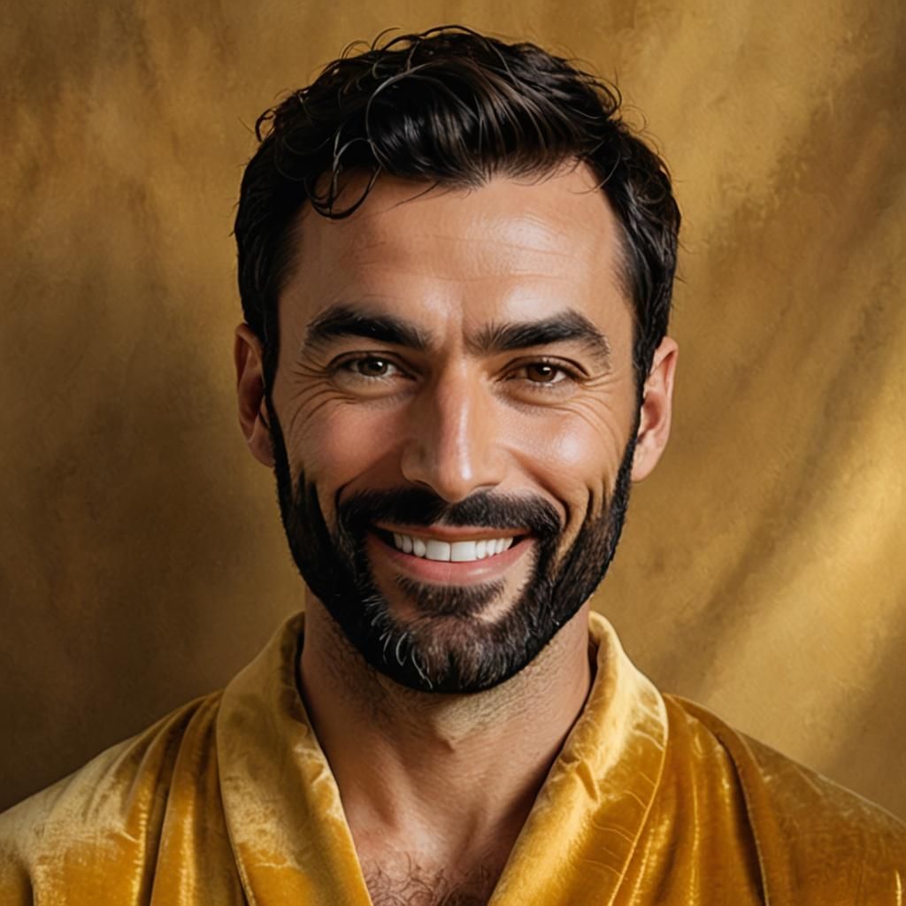 Portrait of Smiling Man in Golden Velvet Robe