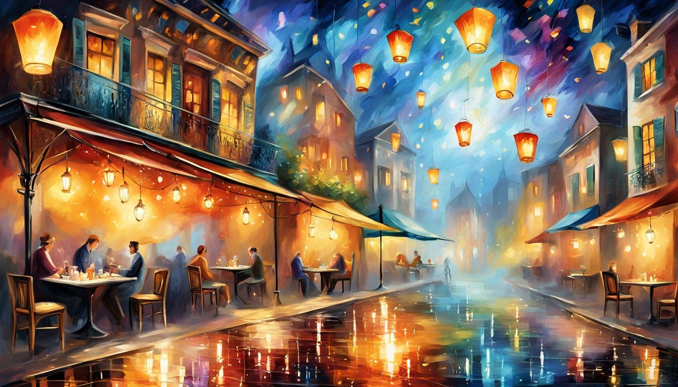 Magical Cafe with Floating Lanterns and Self-Pouring Cups