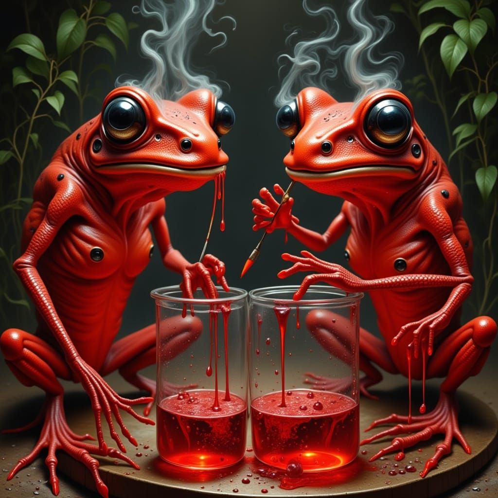 Poison dart frogs dipping their darts into the poison.