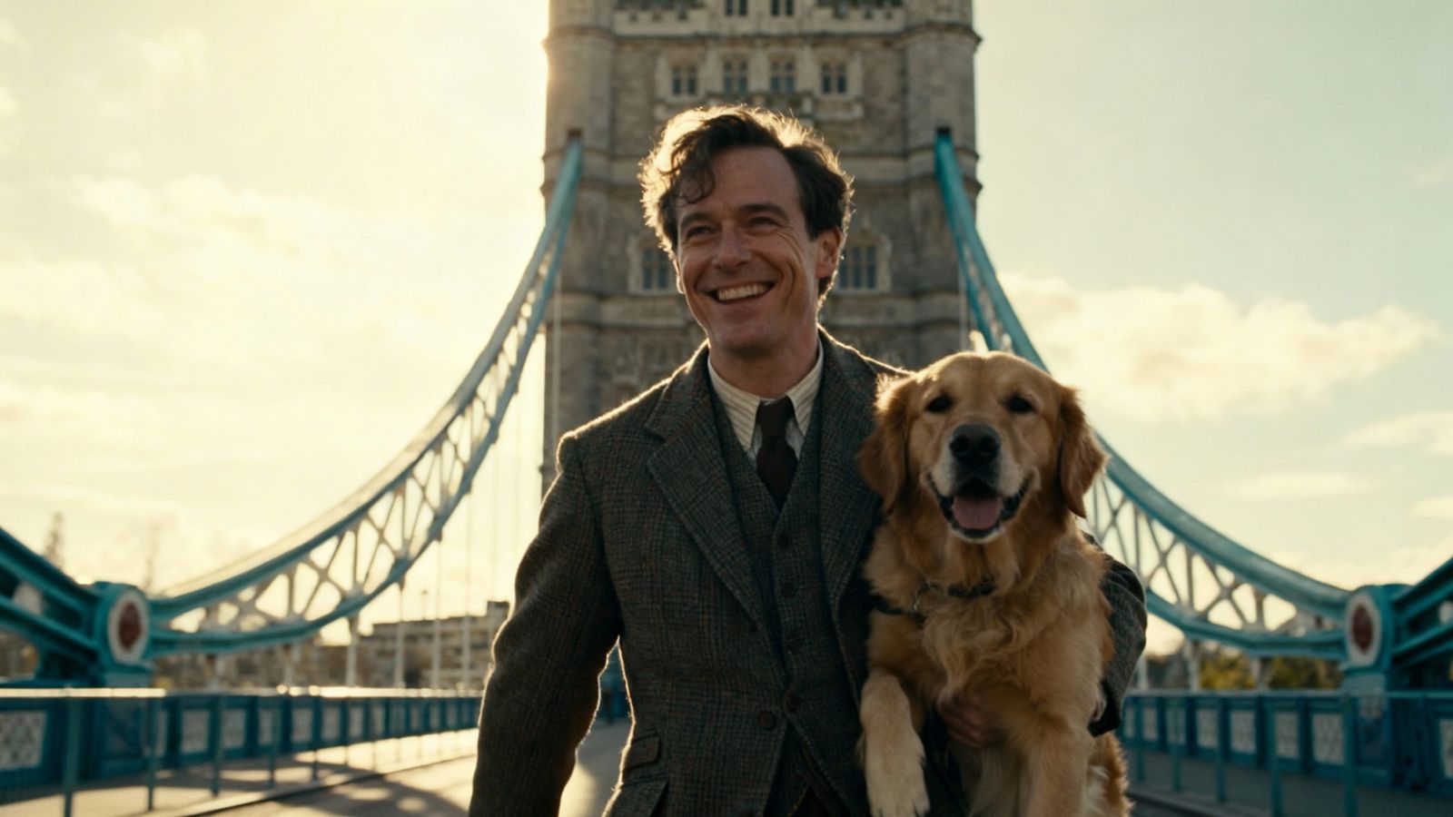 Man and Dog on Bridge in Golden Hour Cinematic Film Still