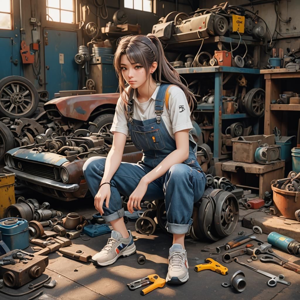 Anime Girl Working on Mustang in Hyper-Realistic 3D