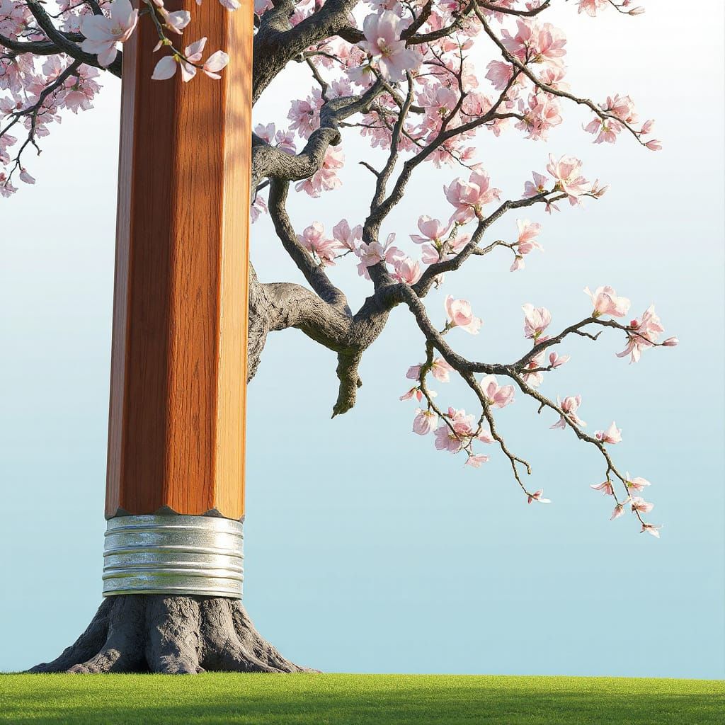 Giant Pencil Tree with Watercolor Leaves in Pixar Style