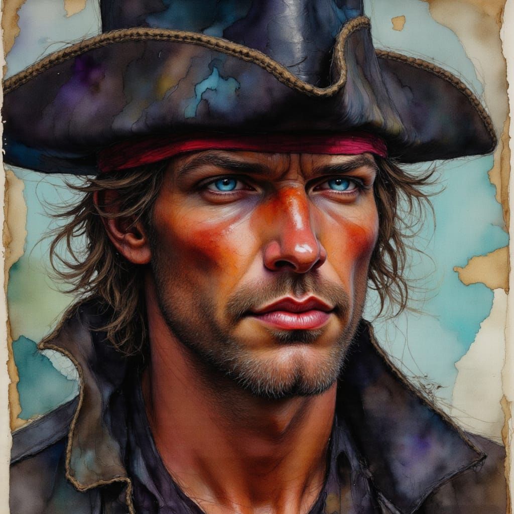 Pirate Captain Portrait in Mixed Media Style