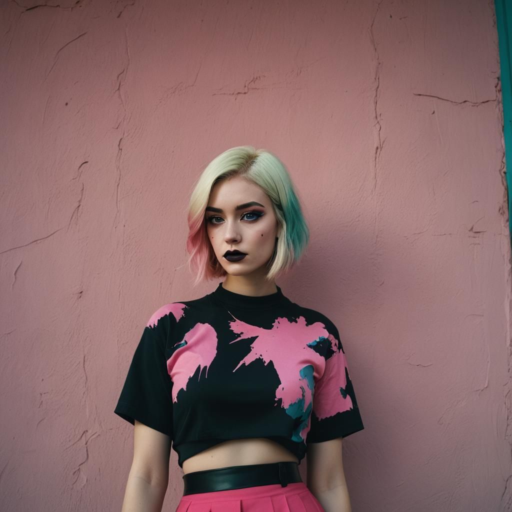 Intense Portrait of a Girl with Pink and Teal Hair