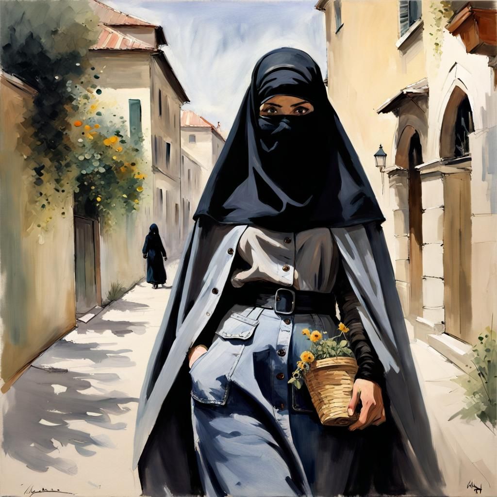 Niqabi Woman in Cozy City, as Guache Painting