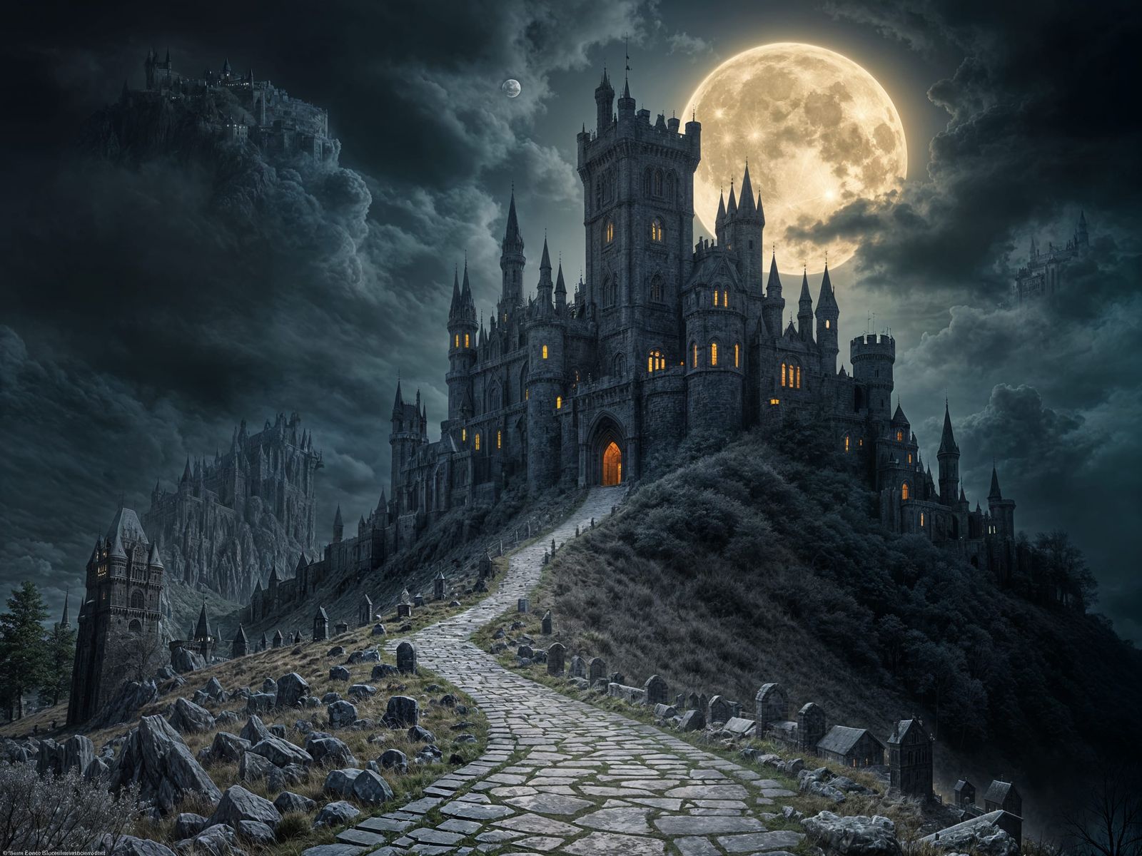 Imposing Gothic Castle Under Pale Moonlight