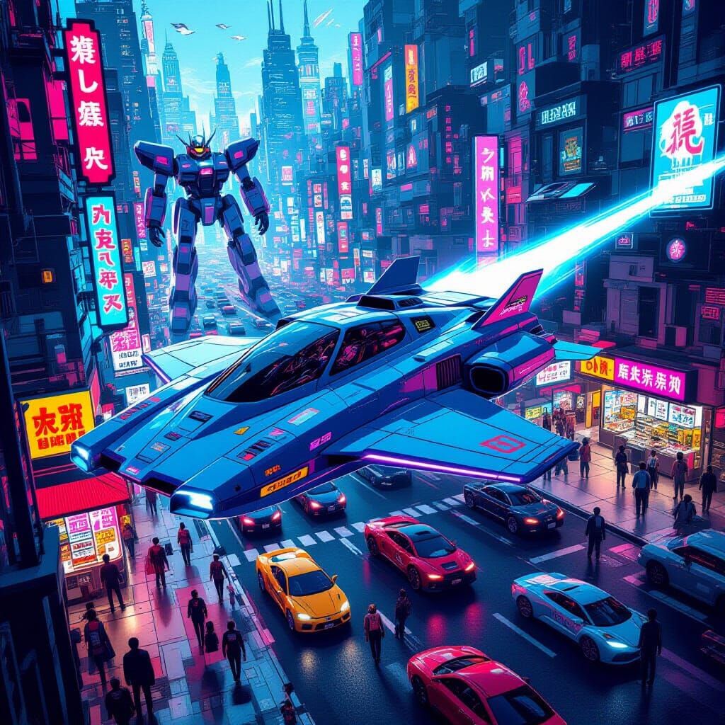 Retro-Futuristic Car Over Neon City in Digital Art