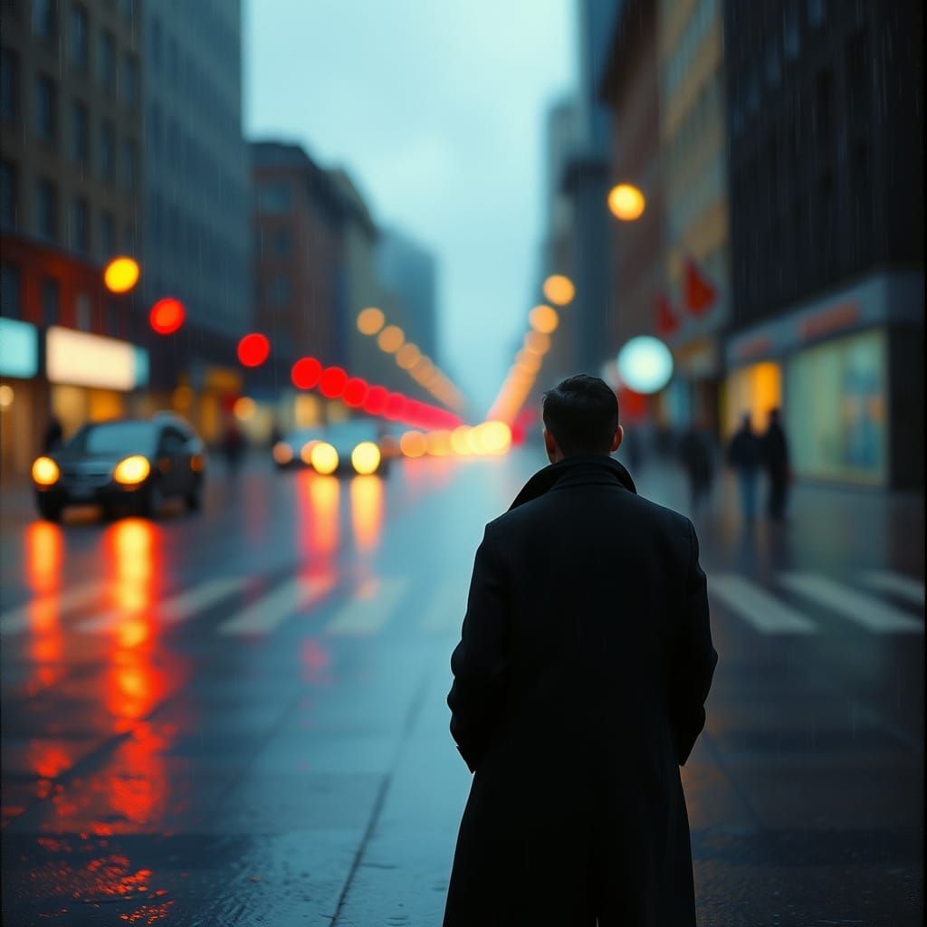 Rainy City Street Scene in Impressionist Style