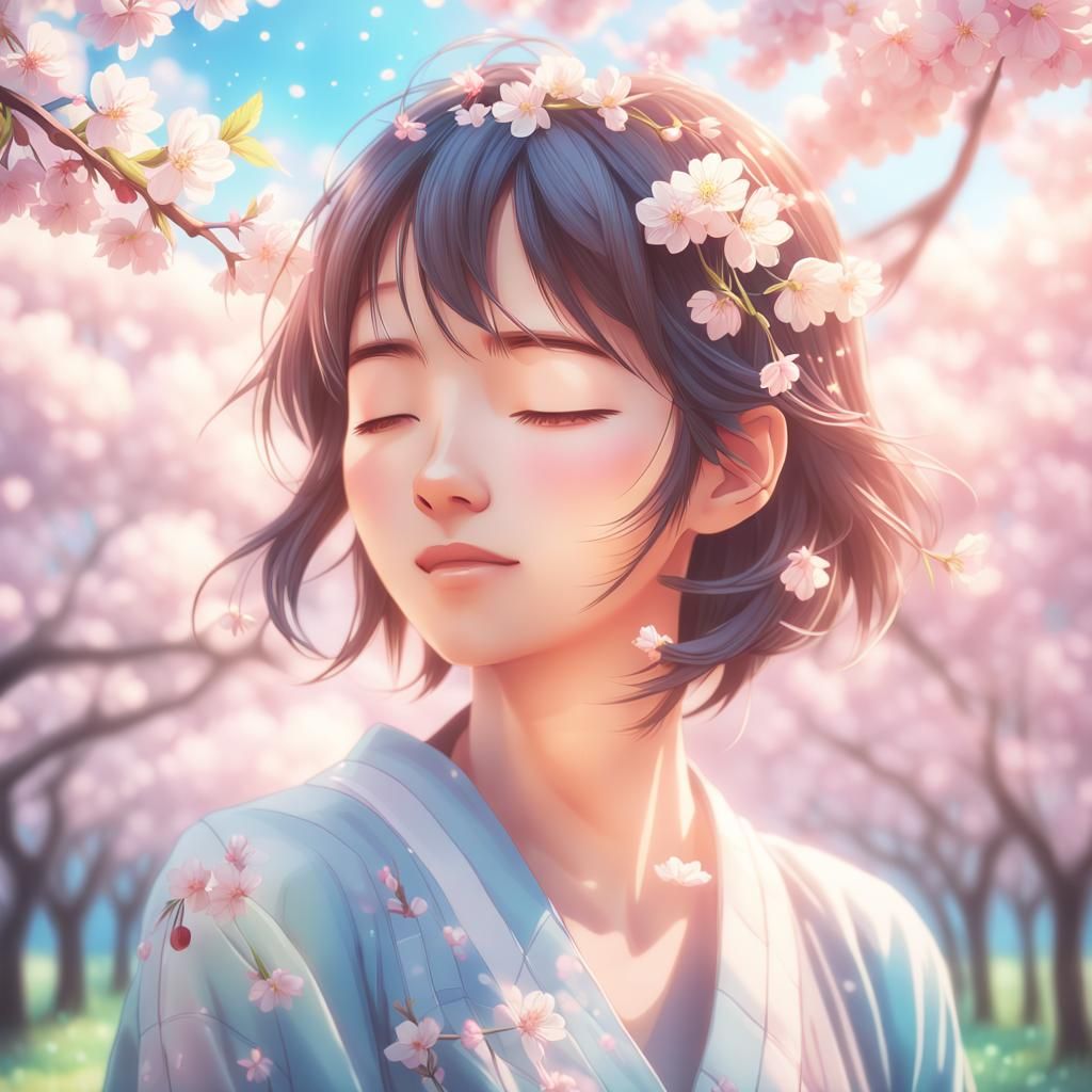 Ethereal Anime Portrait with Cherry Blossoms