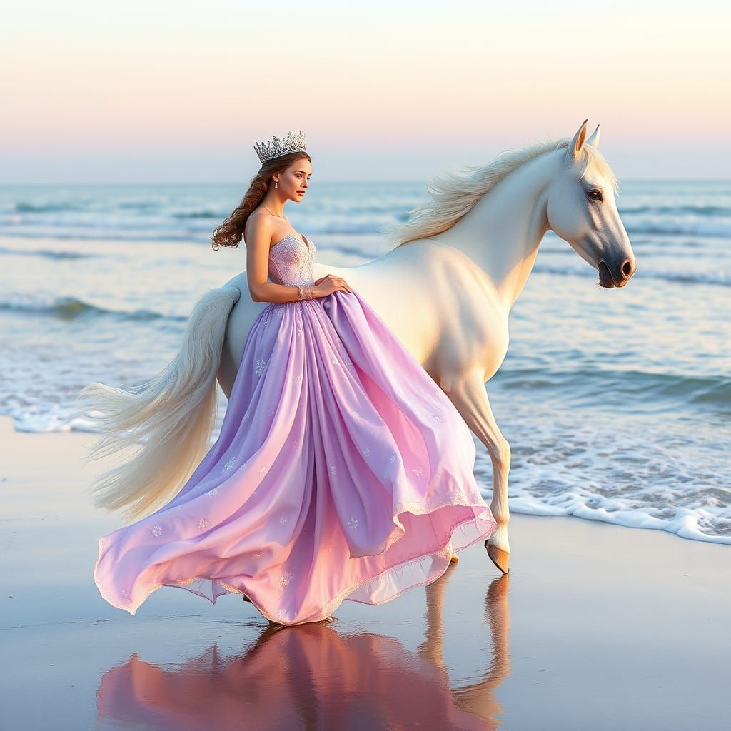 Regal Queen Walks Barefoot on Serene Beach at Dawn