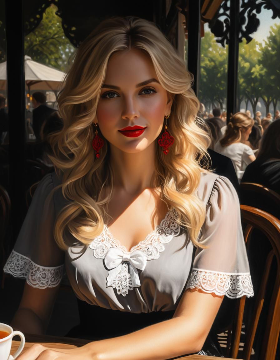 Chiaroscuro Oil Painting of Woman in Cafe