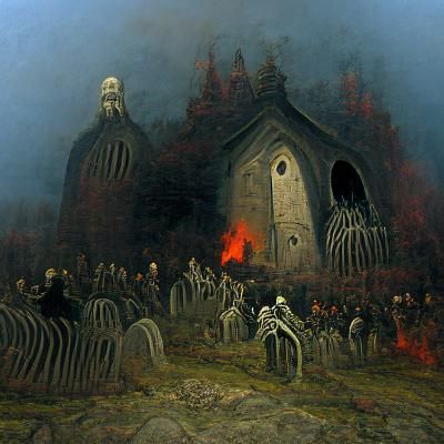 Burning Church Graveyard Horror Scene